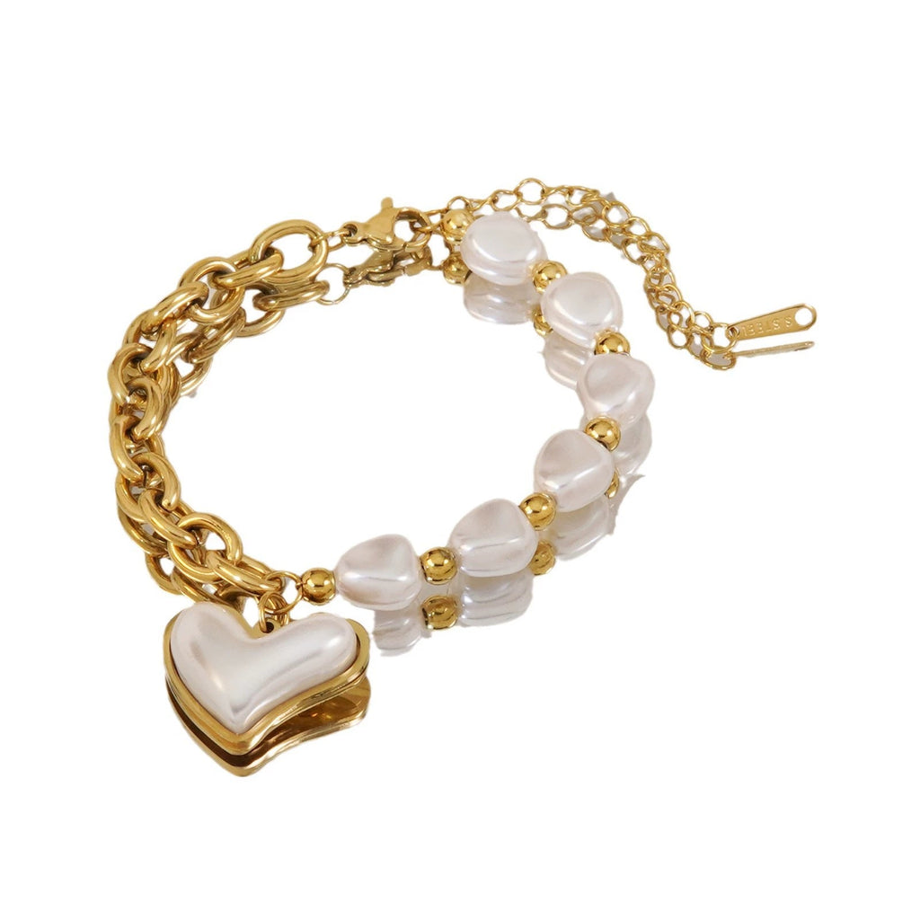 Elegant Heart-Shaped Irregular Pearl Bracelet – 18K Gold Stainless Steel