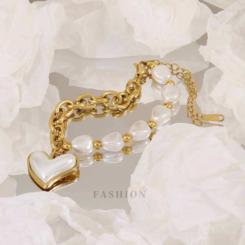 Elegant Heart-Shaped Irregular Pearl Bracelet – 18K Gold Stainless Steel