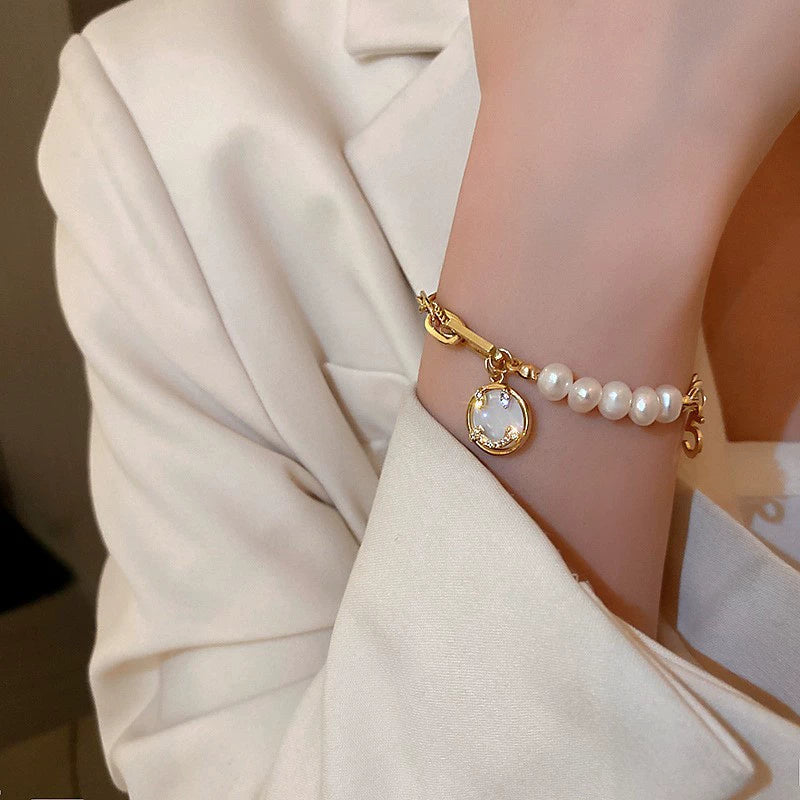 Women's Copper Geometric Freshwater Pearl Bracelet