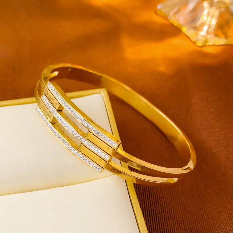 Glamorous Geometric Bangle – 18K Gold Plated Stainless Steel with Rhinestones