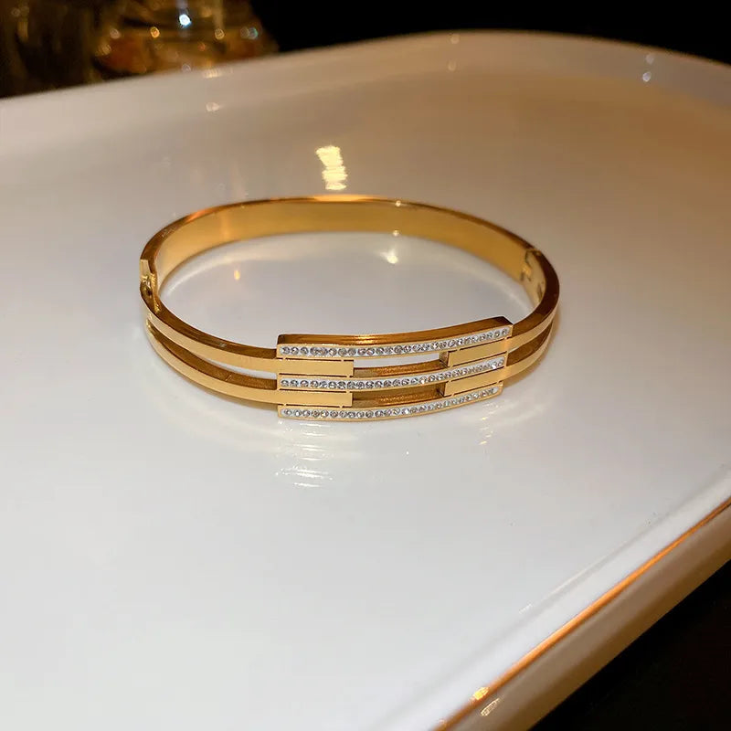 Glamorous Geometric Bangle – 18K Gold Plated Stainless Steel with Rhinestones
