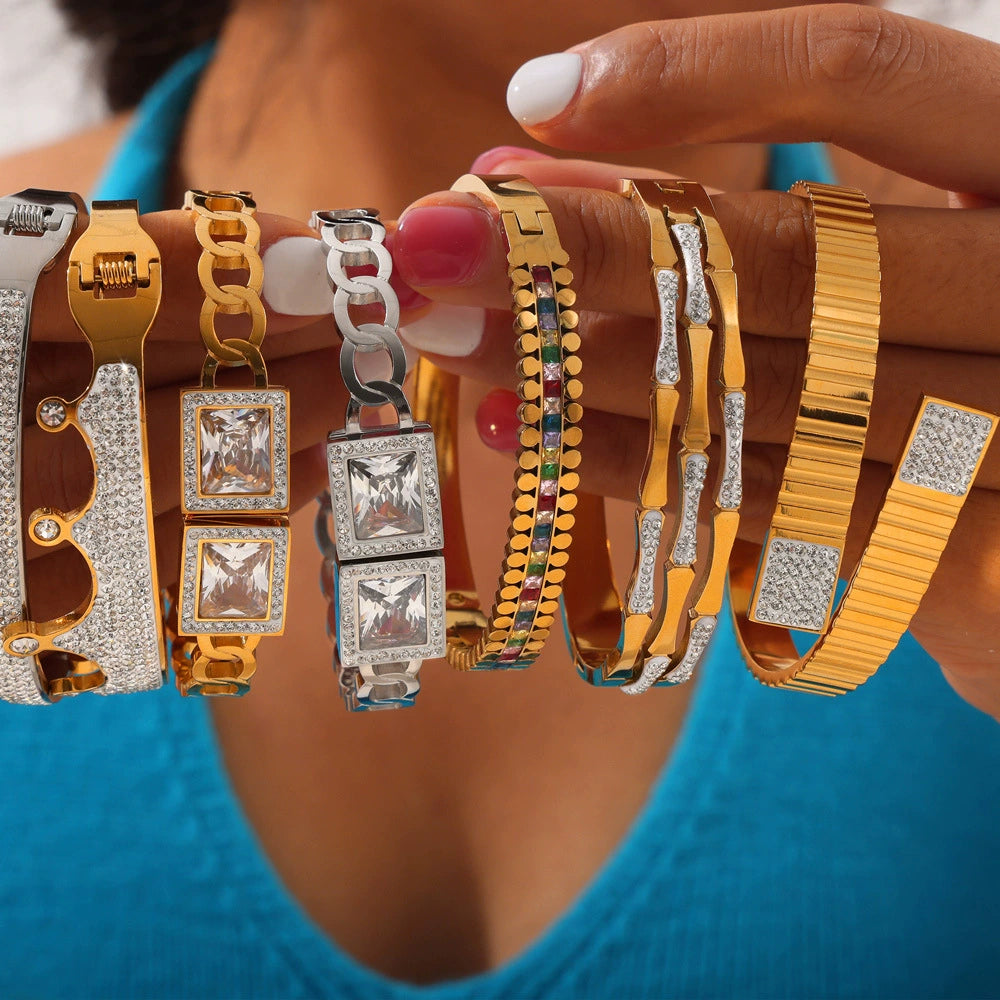 316L Stainless Steel Geometric Retro Bracelet – 18K Gold Plated with Colored Diamond