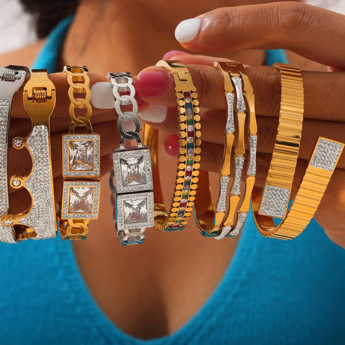 316L Stainless Steel Geometric Retro Bracelet – 18K Gold Plated with Colored Diamond