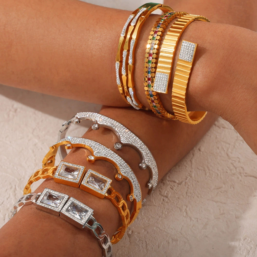316L Stainless Steel Geometric Retro Bracelet – 18K Gold Plated with Colored Diamond