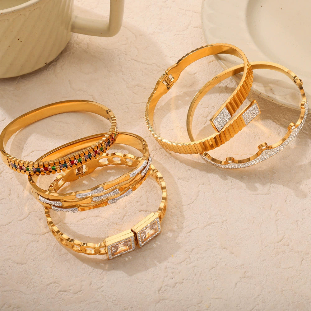 316L Stainless Steel Geometric Retro Bracelet – 18K Gold Plated with Colored Diamond