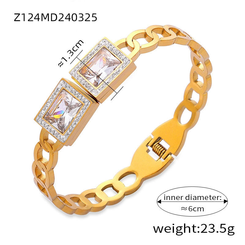 316L Stainless Steel Geometric Retro Bracelet – 18K Gold Plated with Colored Diamond
