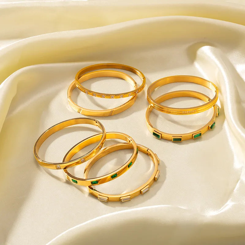 Classic Round Zircon Bangle – 18K Gold Plated 304 Stainless Steel