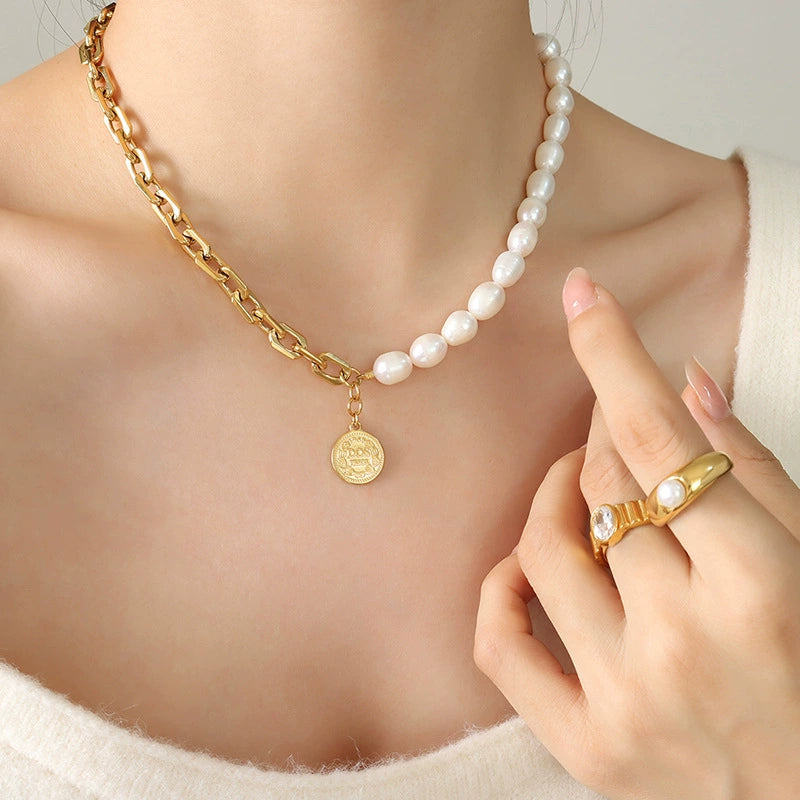 Women’s Baroque Geometric Freshwater Pearl & Titanium Steel Splicing Chain Necklace