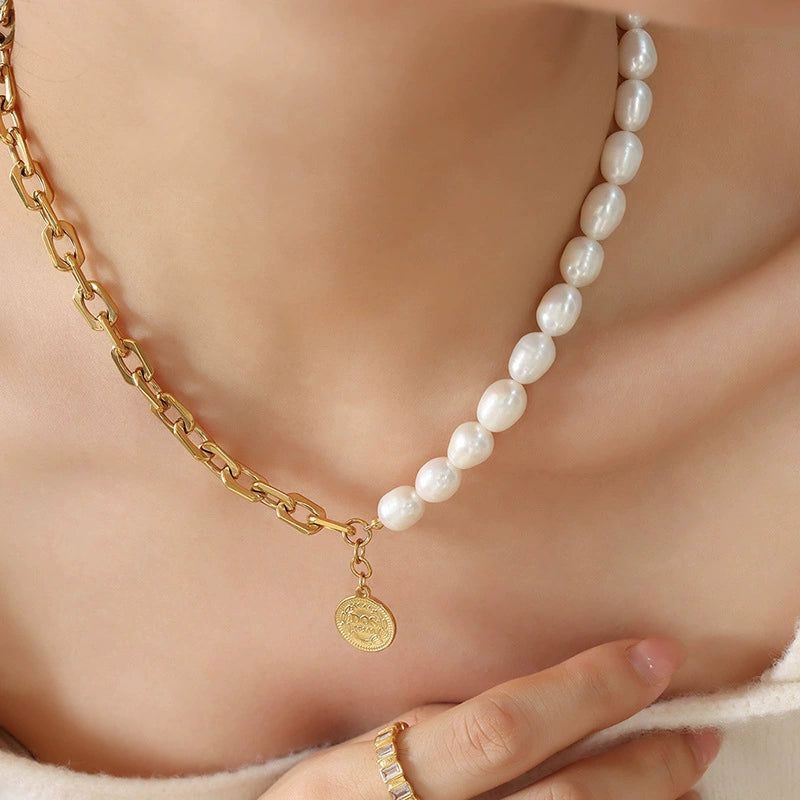Women’s Baroque Geometric Freshwater Pearl & Titanium Steel Splicing Chain Necklace