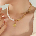 Women’s Baroque Geometric Freshwater Pearl & Titanium Steel Splicing Chain Necklace