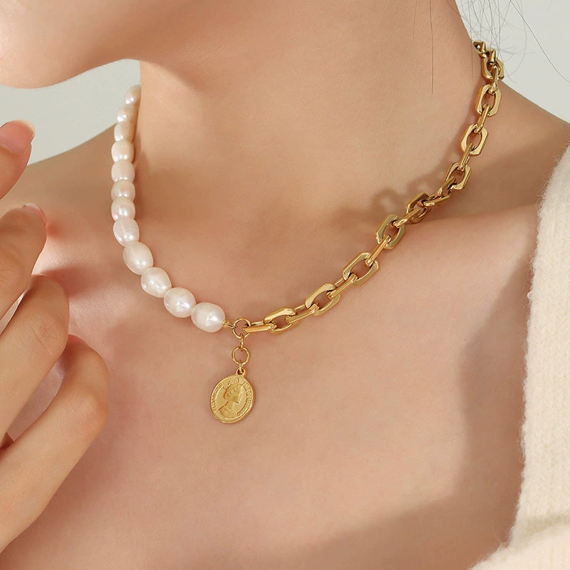 Women’s Baroque Geometric Freshwater Pearl & Titanium Steel Splicing Chain Necklace