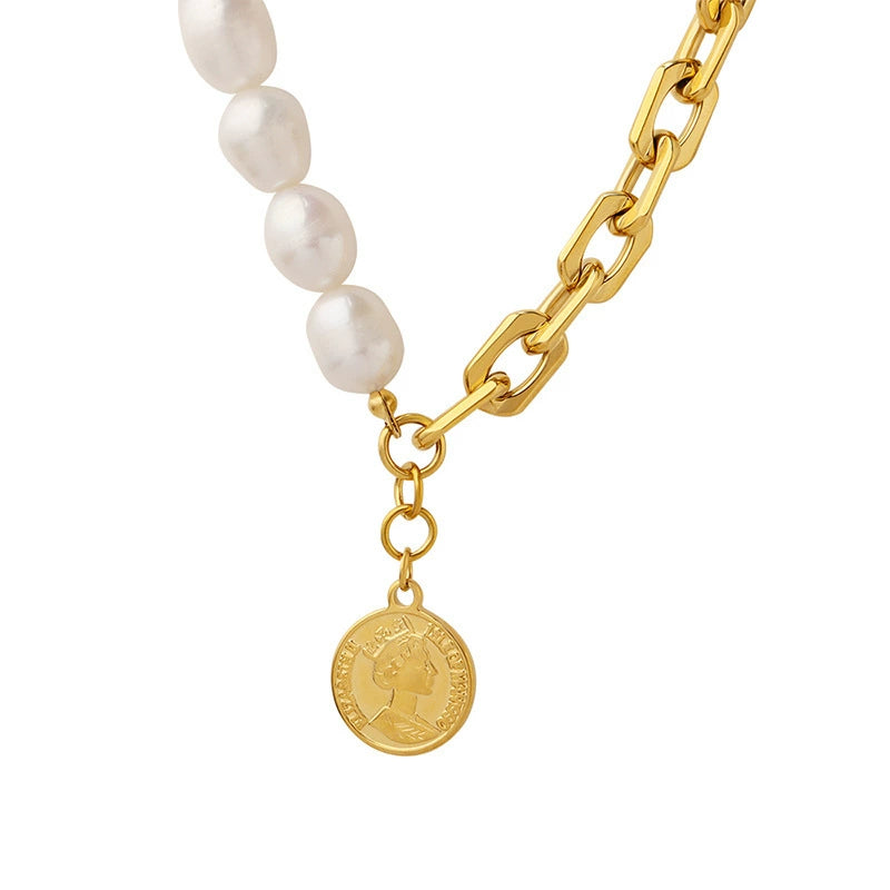 Women’s Baroque Geometric Freshwater Pearl & Titanium Steel Splicing Chain Necklace