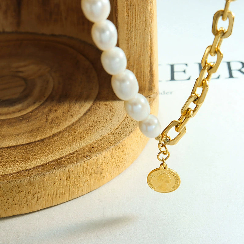 Women’s Baroque Geometric Freshwater Pearl & Titanium Steel Splicing Chain Necklace